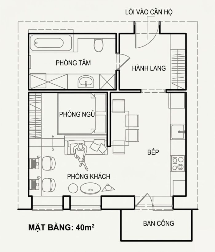 Bố trí Mặt bằng căn hộ 40m2 đẹp